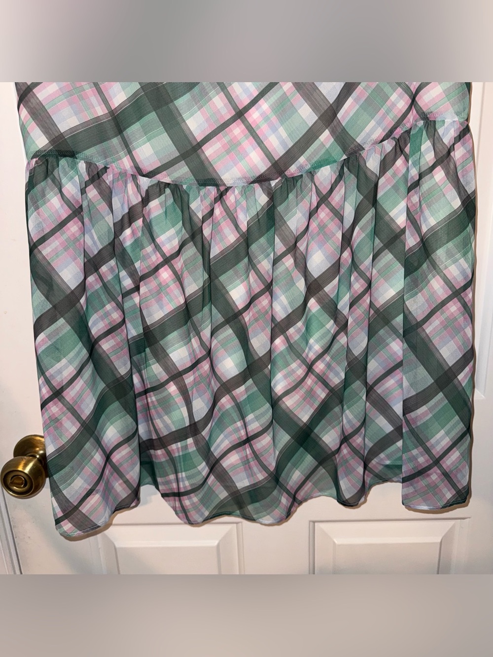 Ann Taylor Green Pink Plaid Drop Waist Short Sleeve chiffon lightweight Dress 8 - Picture 6 of 14